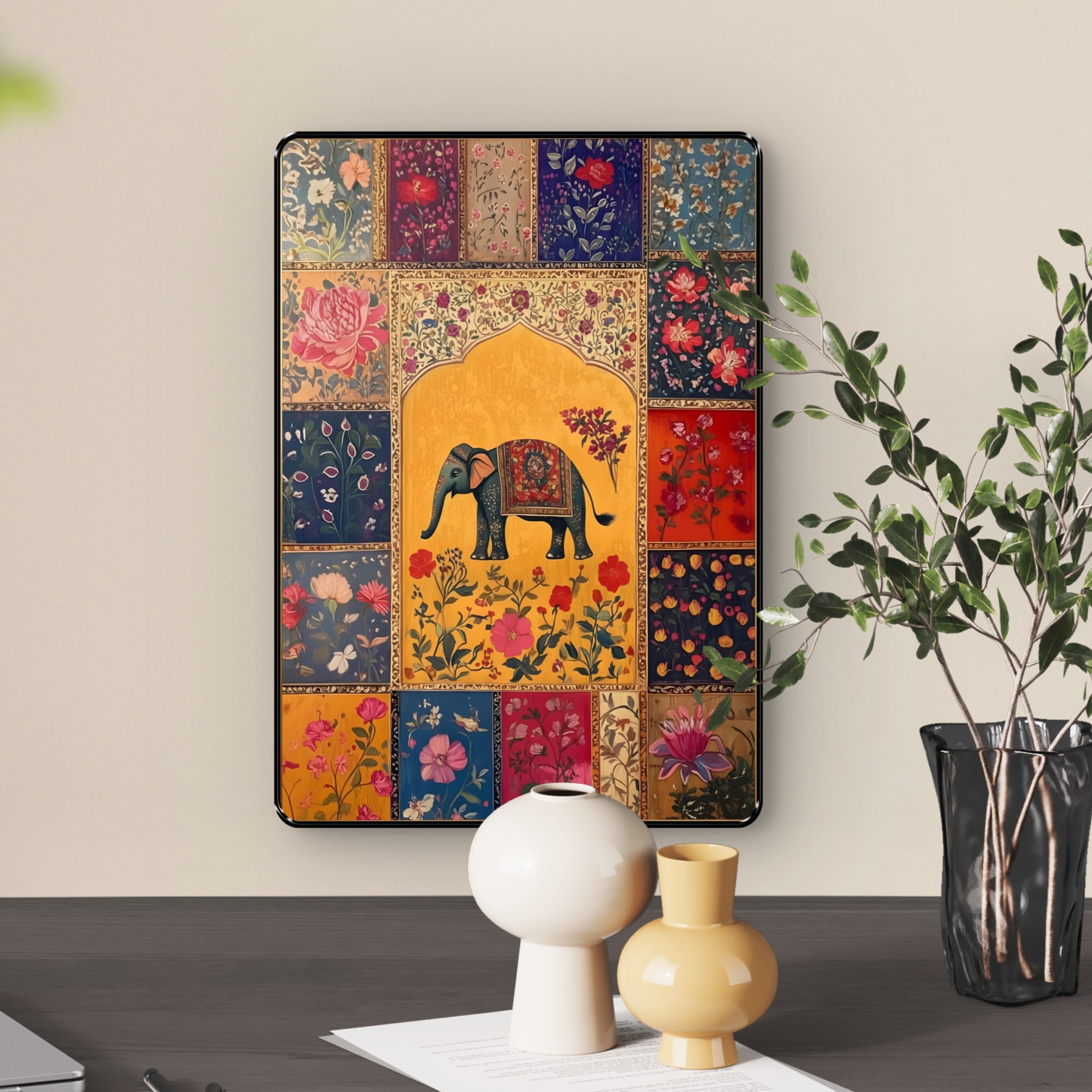 SAF Mughal Elephant Floral Patchwork Wall Art (11x14 Inch)