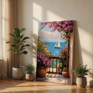 Mediterranean Floral Balcony Sea View Canvas Wall Art