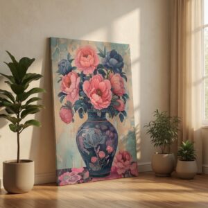 Vintage Pink Peony Floral in Blue Vase Canvas Wall Art Print