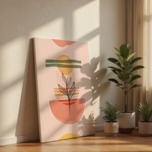 Boho Minimalist Geometric Sun & Leaf Canvas Wall Art Print