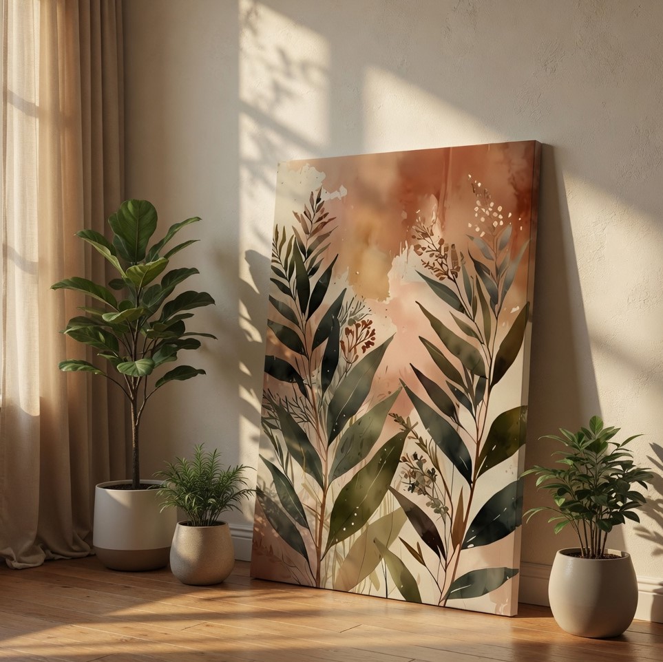 Boho Watercolor Botanical Green Leaves Canvas Wall Art Print