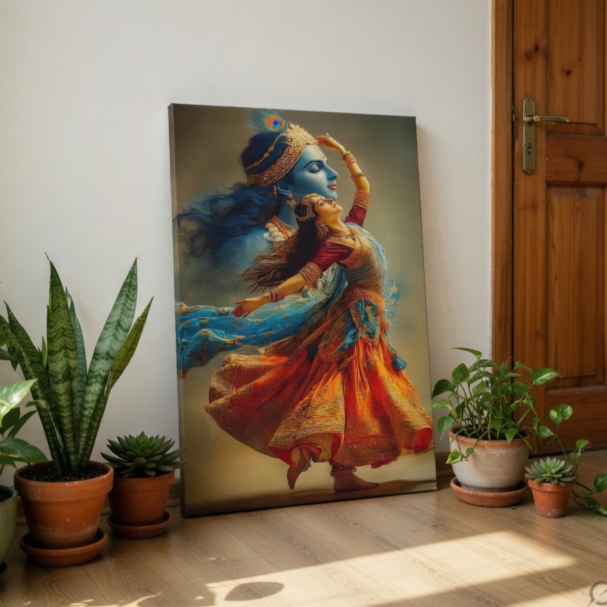 SAF Divine Radha Krishna Dancing Canvas Wall Art Vibrant Spiritual Painting Print Modern Hindu Deity Wall Decor for Living Room Bedroom Puja Room Religious Gift