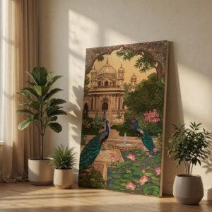 SAF Traditional Indian Royal Palace Canvas Wall Art Peacocks and Lotus Pond Pichwai Style Painting Print Ethnic Heritage Home Decor for Living Room Bedroom Office