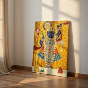 SAF Shrinathji Pichwai Canvas Painting for Home Decor | Traditional Krishna Wall Art with Yellow Background | HD Printed Hindu God Spiritual Artwork for Living Room Temple