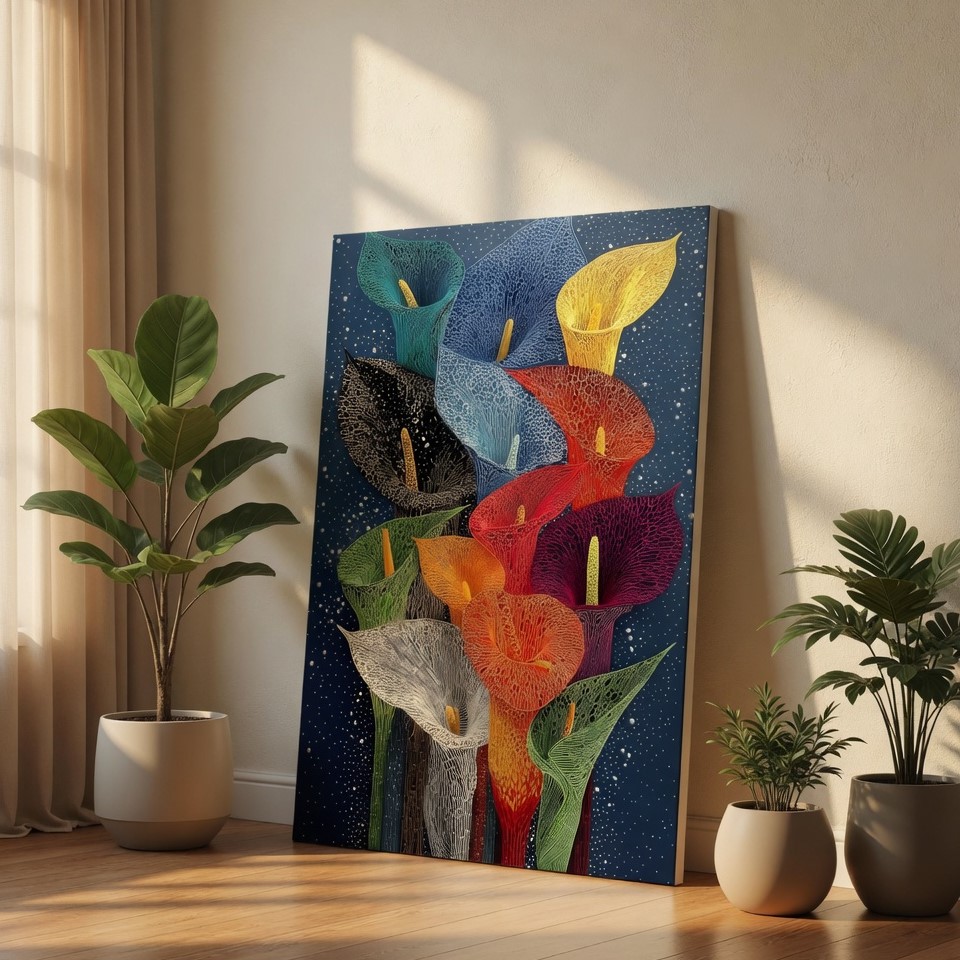 SAF Colorful Abstract Calla Lily Canvas Wall Art Vibrant Floral Mosaic Painting Print Dark Blue Botanical Decor for Living Room Bedroom Office Modern Aesthetic Poster