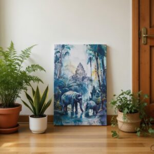 Watercolor Elephant Jungle & Ancient Temple Canvas Wall Art Print