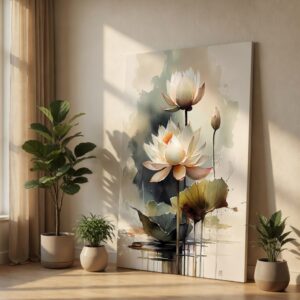 SAF Elegant White Lotus Flower Canvas Wall Art - Zen Watercolor Floral Painting Print with Water Reflection for Living Room, Bedroom & Spa Decor (Neutral Earth Tones, Large Poster)