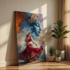 SAF Divine Lord Krishna and Dancing Radha Canvas Wall Art - Spiritual Hindu Deity Portrait Painting Print for Living Room, Bedroom & Puja Room Home Decor (Vibrant Blue & Maroon)