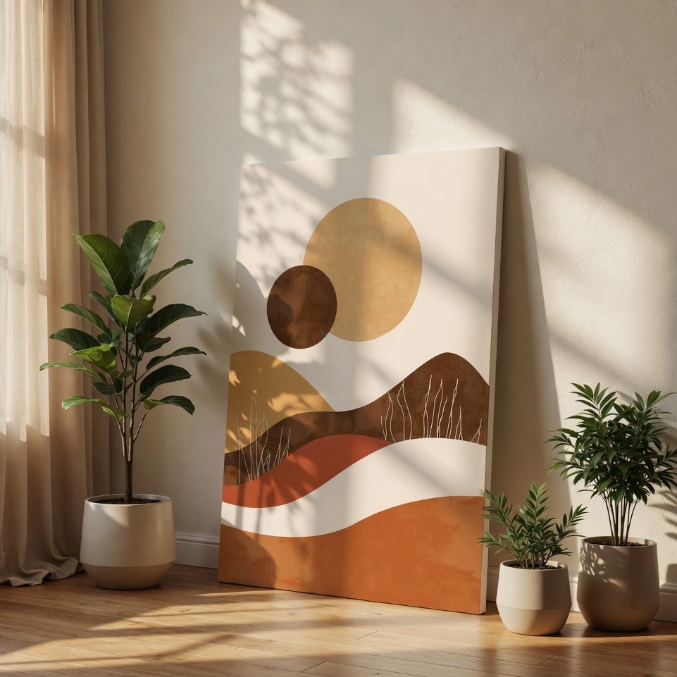 SAF Boho Minimalist Abstract Landscape Canvas Wall Art - Neutral Earth Tone Sun and Mountains Painting Print Modern Mid Century Decor for Living Room, Bedroom & Office