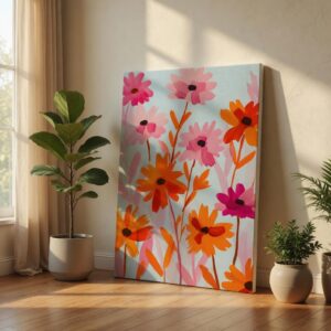 SAF Vibrant Floral Canvas Wall Art Colorful Daisy Flower Painting Print Modern Abstract Botanical Poster for Living Room Bedroom Office Home Decor Pink & Orange Bloom Large Aesthetic
