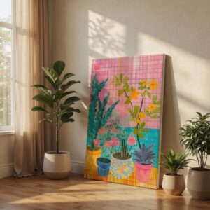 SAF Maximalist Potted Plants Canvas Wall Art Vibrant Pink Grid Aesthetic Floral Painting Print Modern Boho Botanical Decor for Living Room Bedroom Office Colorful Indoor Garden Poster