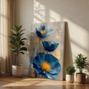 Modern Blue Floral & Gold Foil Abstract Canvas Wall Art Print