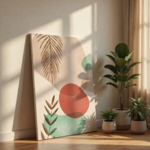 Boho Pastel Coral and Teal Abstract Botanical Leaf Canvas Wall Art Print