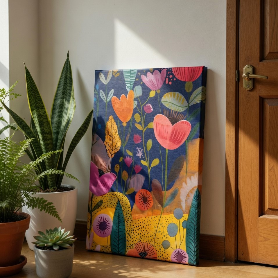 SAF Whimsical Abstract Floral Canvas Wall Art Colorful Botanical Garden Painting Print Navy Blue Boho Decor for Living Room Bedroom Nursery Office Home Aesthetic Large Poster