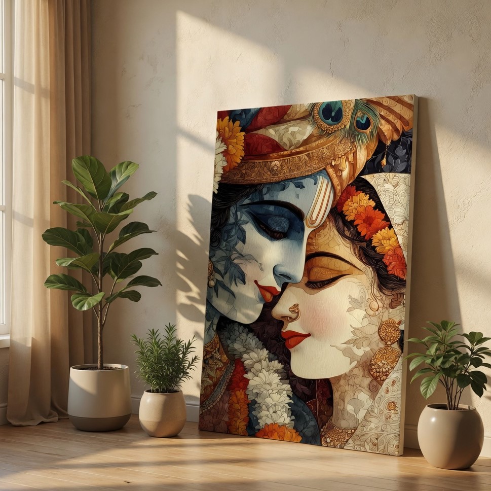 Divine Radha Krishna Floral Portrait Canvas Wall Art Print