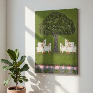 SAF Traditional Cow and Tree Canvas Wall Painting for Home Decor | Indian Folk Art with Sacred Cows Lotus Pond Green Nature Theme | HD Printed Cultural Wall Art for Living Room Bedroom Office