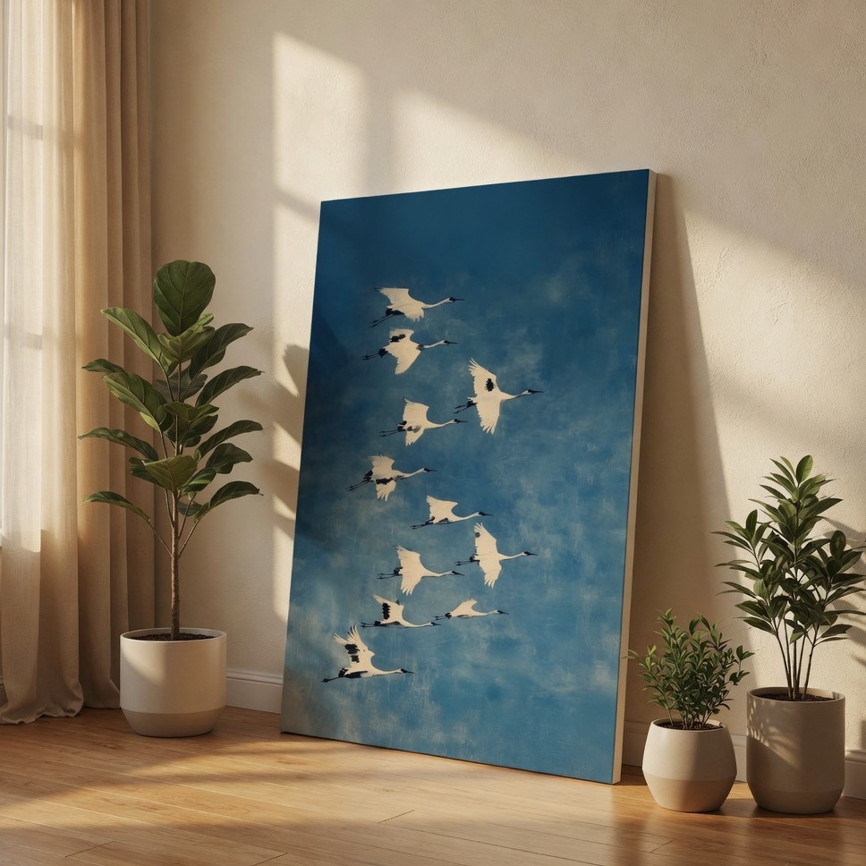 SAF Japanese Style Flying Cranes Canvas Wall Art Serene Blue Sky Bird Painting Print Traditional Zen Animal Poster Minimalist Decor for Living Room Bedroom Office Home Aesthetic