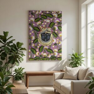SAF Shrinathji Lotus Canvas Painting for Home Decor | Traditional Krishna Floral Wall Art with Purple Background | HD Printed Hindu God Spiritual Artwork for Living Room Temple