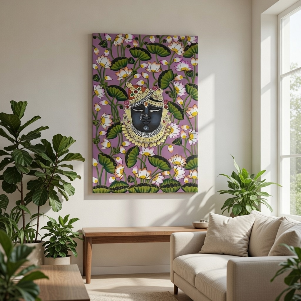 SAF Shrinathji Lotus Canvas Painting for Home Decor | Traditional Krishna Floral Wall Art with Purple Background | HD Printed Hindu God Spiritual Artwork for Living Room Temple