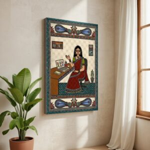 Madhubani Style Woman Working Canvas Painting Folk Wall Art