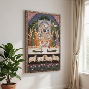 SAF Shrinathji Darbar Pichwai Canvas Painting for Home Decor | Traditional Krishna Religious Wall Art with Gopis Cows and Peacocks | HD Printed Spiritual Artwork