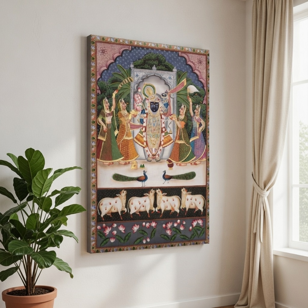 SAF Shrinathji Darbar Pichwai Canvas Painting for Home Decor | Traditional Krishna Religious Wall Art with Gopis Cows and Peacocks | HD Printed Spiritual Artwork