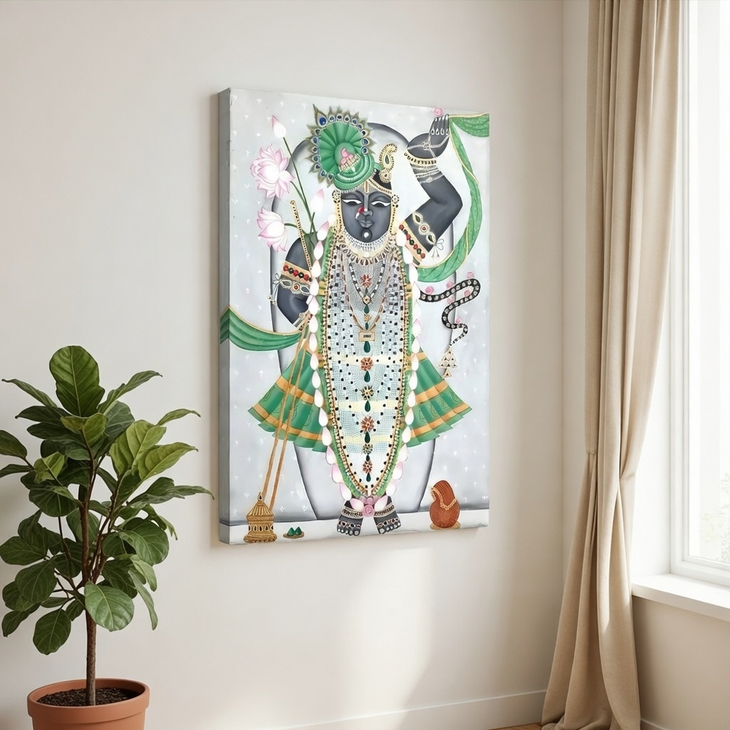 SAF Shrinathji Pichwai Canvas Painting for Home Decor | Traditional Krishna Wall Art with Green Accents | HD Printed Hindu God Spiritual Artwork for Living Room Temple