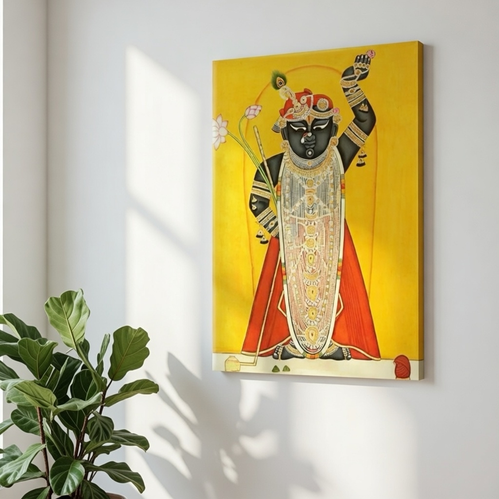 SAF Shrinathji Pichwai Canvas Painting for Home Decor | Traditional Krishna Wall Art with Yellow Background and Red Attire | HD Printed Hindu God Spiritual Artwork