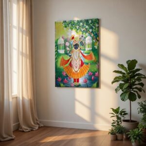 SAF Shrinathji Garden Pichwai Canvas Painting for Home Decor | Traditional Krishna Wall Art with Lotus and Nature Theme | HD Printed Hindu God Spiritual Artwork