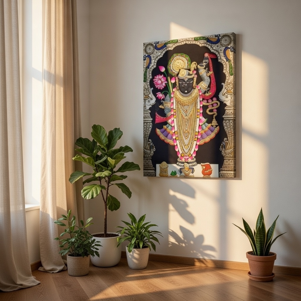SAF Shrinathji Royal Pichwai Canvas Painting for Home Decor | Traditional Krishna Wall Art with Ornamental Arch | HD Printed Hindu God Spiritual Artwork for Living Room Temple