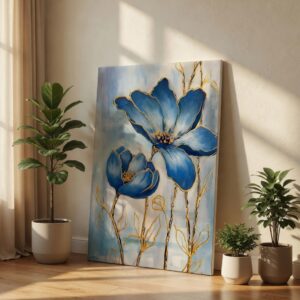 Modern Blue Floral & Gold Line Abstract Canvas Wall Art Print