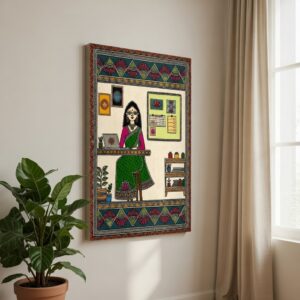 SAF Madhubani Working Woman Canvas Painting for Home Decor | Traditional Indian Folk Art Wall Art with Modern Office Theme | HD Printed Ethnic Artwork for Living Room Study