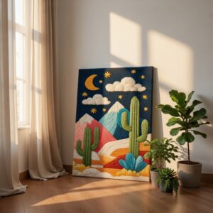 Desert Night Cactus Canvas Painting Mountain Wall Art Decor