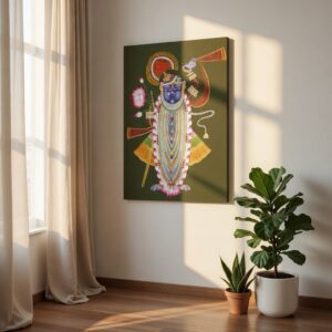 SAF Shrinathji Pichwai Canvas Painting for Home Decor | Traditional Krishna Wall Art with Olive Green Background | HD Printed Hindu God Spiritual Artwork for Living Room Temple