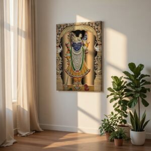 SAF Shrinathji Royal Pichwai Canvas Painting for Home Decor | Traditional Krishna Wall Art with Golden Arch Design | HD Printed Hindu God Spiritual Artwork for Living Room Temple