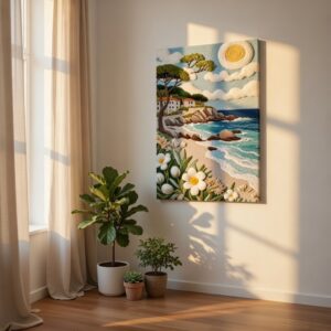 SAF Coastal Beach Landscape Canvas Painting for Home Decor | Ocean Shore Wall Art with Sun Clouds and Flowers | HD Printed Modern Nature Artwork for Living Room Bedroom Office