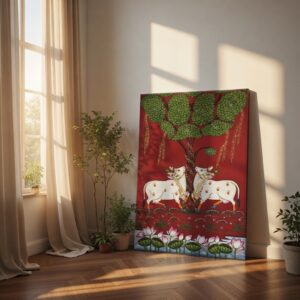SAF Traditional Cow and Tree Canvas Wall Painting for Home Decor | Indian Folk Art with Lotus Pond and Sacred Cows | HD Printed Cultural Artwork for Living Room Bedroom Office