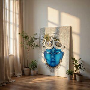 SAF Blue Krishna Face Canvas Wall Painting for Home Decor | Lord Krishna Portrait with Peacock Feather | HD Printed Spiritual Modern Artwork for Living Room Bedroom Pooja Room