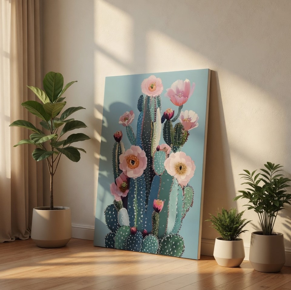 SAF Blooming Cactus Canvas Wall Art Pink Floral Desert Succulent Painting Print Modern Boho Botanical Decor for Living Room Bedroom Office Light Blue Aesthetic Poster