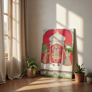 SAF Shrinathji Temple Pichwai Canvas Wall Painting for Home Decor | Lord Krishna Devotional Artwork with Sacred Cows and Royal Pavilion | HD Printed Spiritual Art for Living Room Pooja Room
