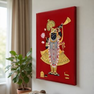 SAF Shrinathji Canvas Wall Painting for Home Decor | Lord Krishna Devotional Artwork on Red Background | Traditional Pichwai Style Spiritual Wall Art for Living Room Pooja Room