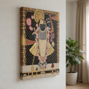 SAF Shrinathji Pichwai Canvas Wall Painting for Home Decor | Lord Krishna Devotional Artwork with Floral Garland on Black Background | HD Printed Spiritual Art for Living Room Pooja Room