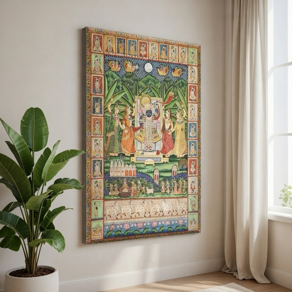 Shrinathji with Gopis Canvas Painting Devotional Wall Art