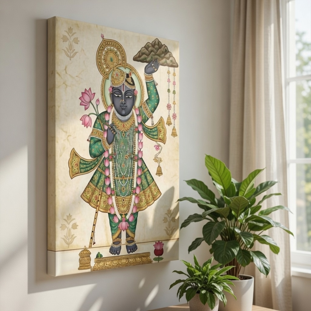 SAF Shrinathji Govardhan Leela Canvas Wall Painting for Home Decor | Lord Krishna Holding Govardhan Hill Pichwai Style Devotional Artwork | HD Spiritual Wall Art for Living Room Pooja Room
