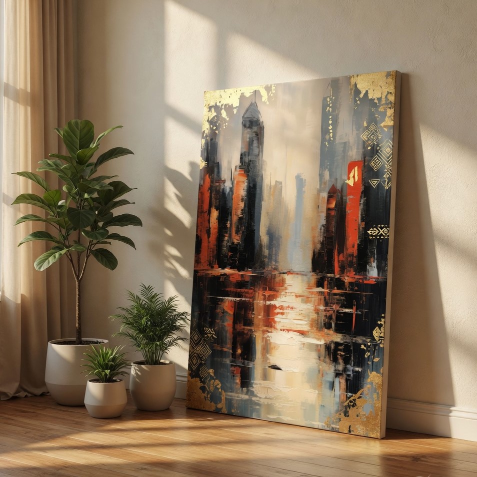 SAF Abstract City Skyline Canvas Wall Art Modern Urban Landscape Oil Painting Print Vibrant Orange & Grey Skyscraper Reflection Decor for Living Room Bedroom Office