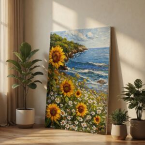 Sunflower & Ocean Coastal Landscape Textured Canvas Wall Art