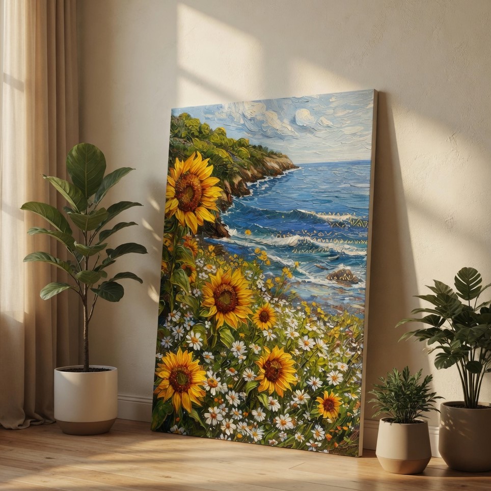 Sunflower & Ocean Coastal Landscape Textured Canvas Wall Art