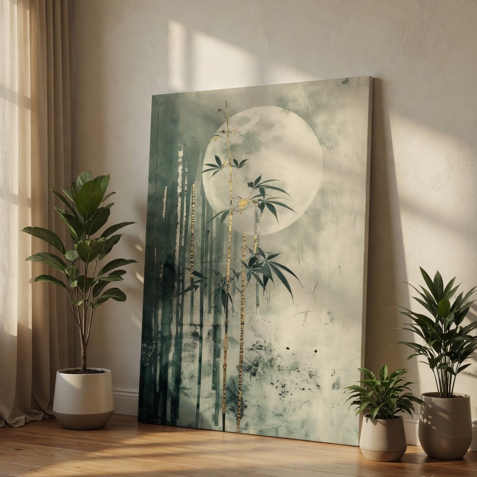SAF Zen Bamboo Moonlight Canvas Wall Art - Japanese Style Watercolor Painting Print Serene Greenery & Full Moon Forest Decor for Living Room, Bedroom & Meditation Office