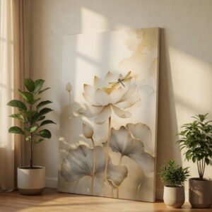 Elegant White Lotus & Golden Dragonfly Zen Canvas Wall Art Print