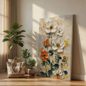 SAF Textured 3D White and Orange Floral Canvas Wall Art Impasto Oil Painting Print Abstract Botanical Decor for Living Room Bedroom Office